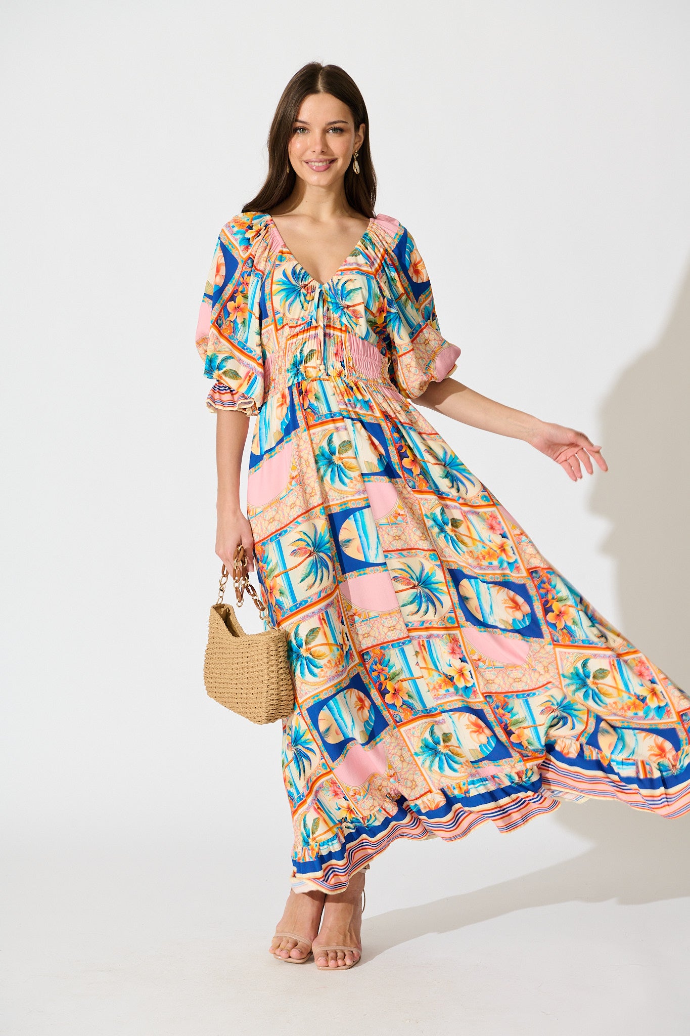 Nona Maxi Dress in Multi Palm Print full length