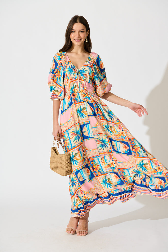 Nona Maxi Dress in Multi Palm Print full length