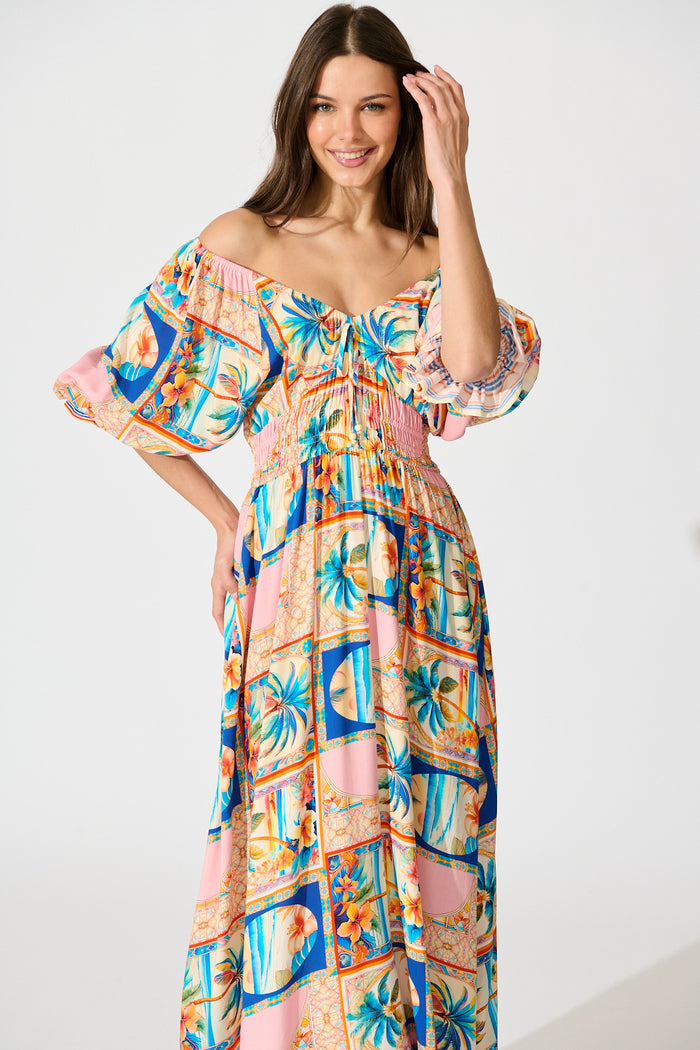 Nona Maxi Dress in Multi Palm Print front