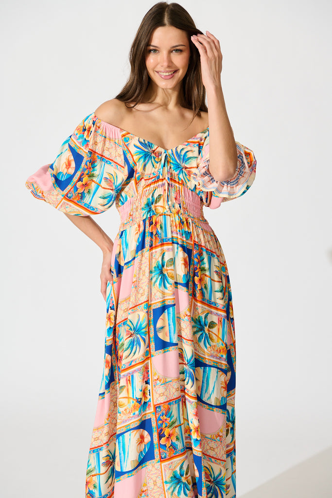 Nona Maxi Dress in Multi Palm Print front