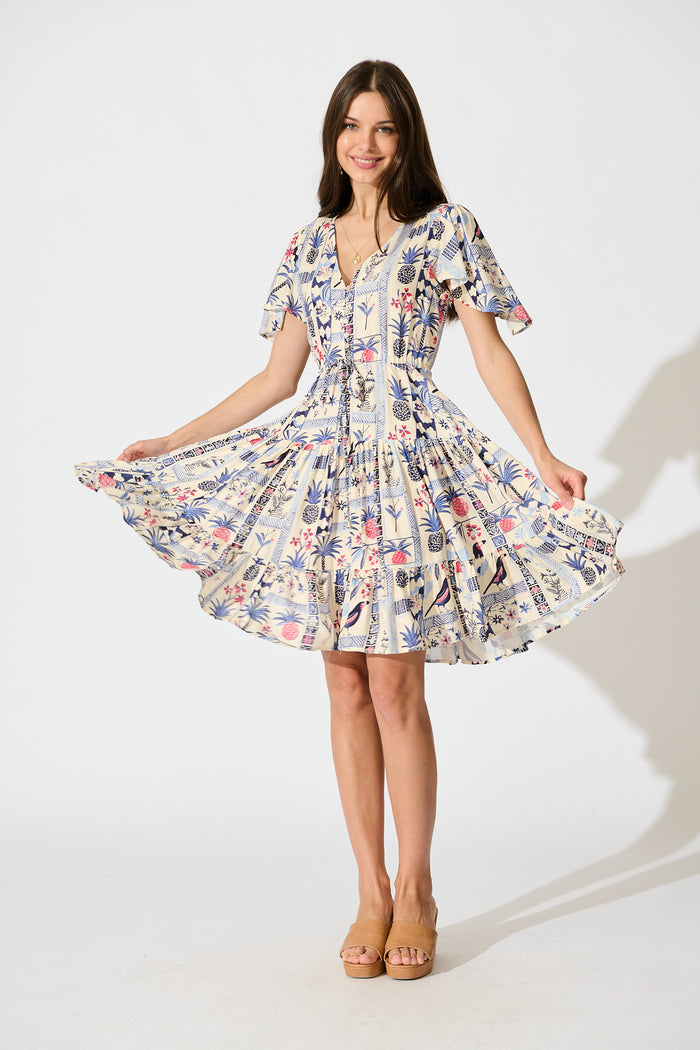 Pip Dress in White with Blue Multi Print full length