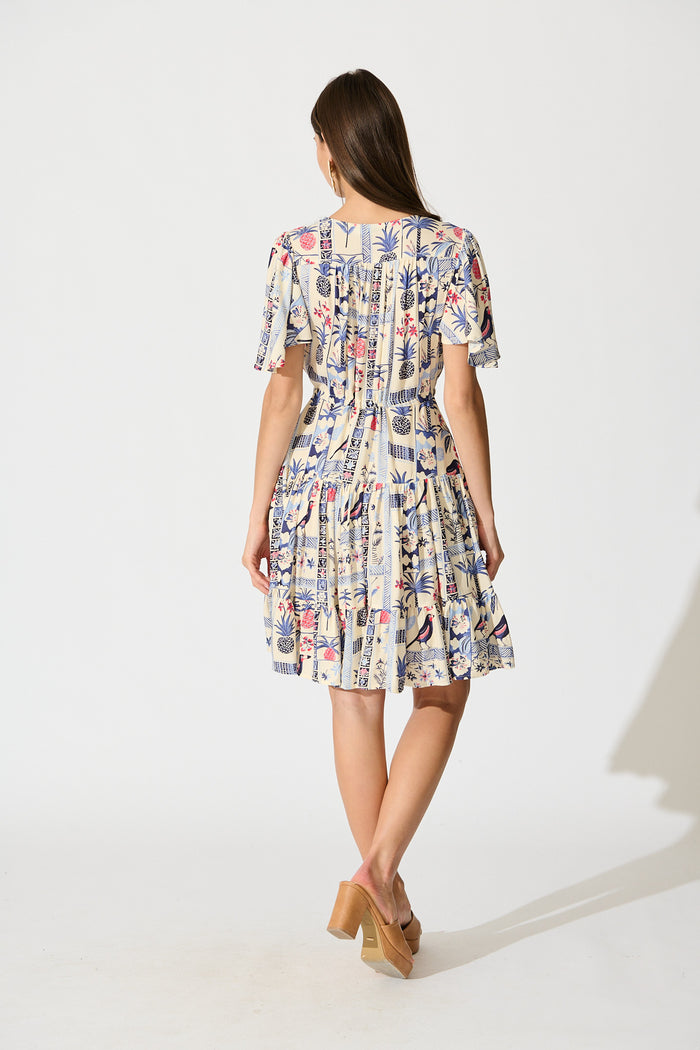 Pip Dress in White with Blue Multi Print back