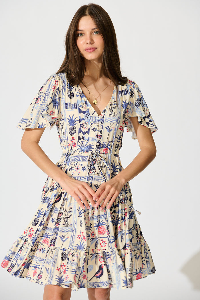 Pip Dress in White with Blue Multi Print front
