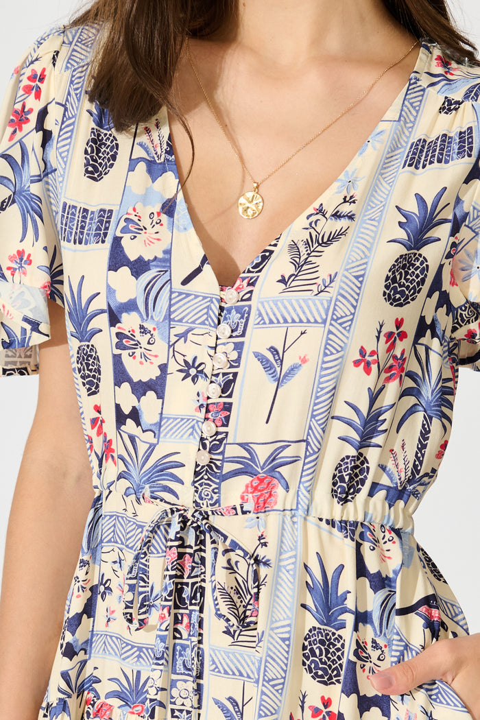 Pip Dress in White with Blue Multi Print detail