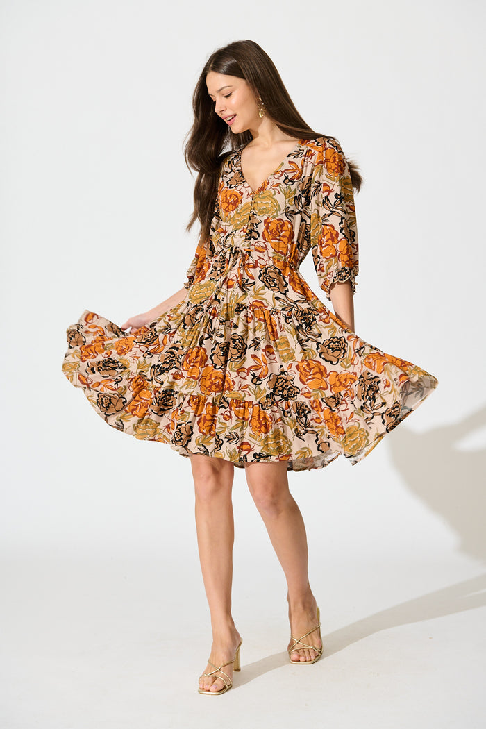 Navianna Dress in Multi Rust Floral full length