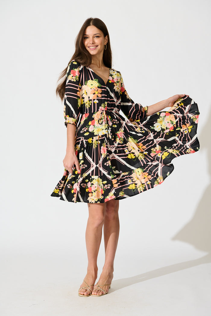 Navianna Dress in Black with Multi Floral full length