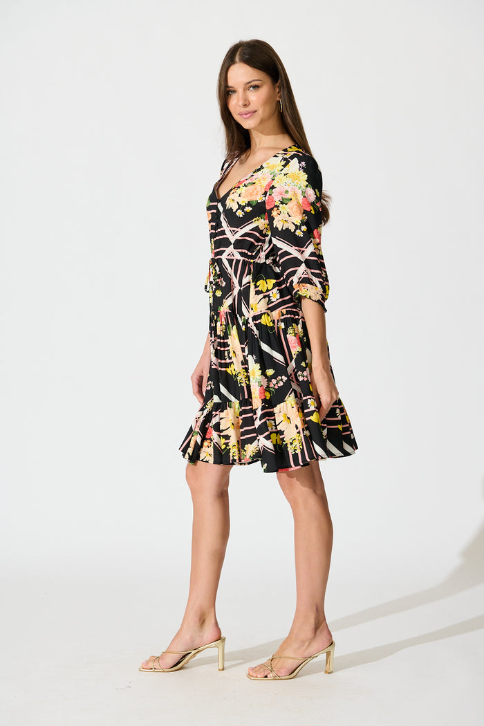 Navianna Dress in Black with Multi Floral side