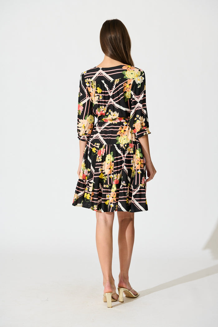Navianna Dress in Black with Multi Floral back