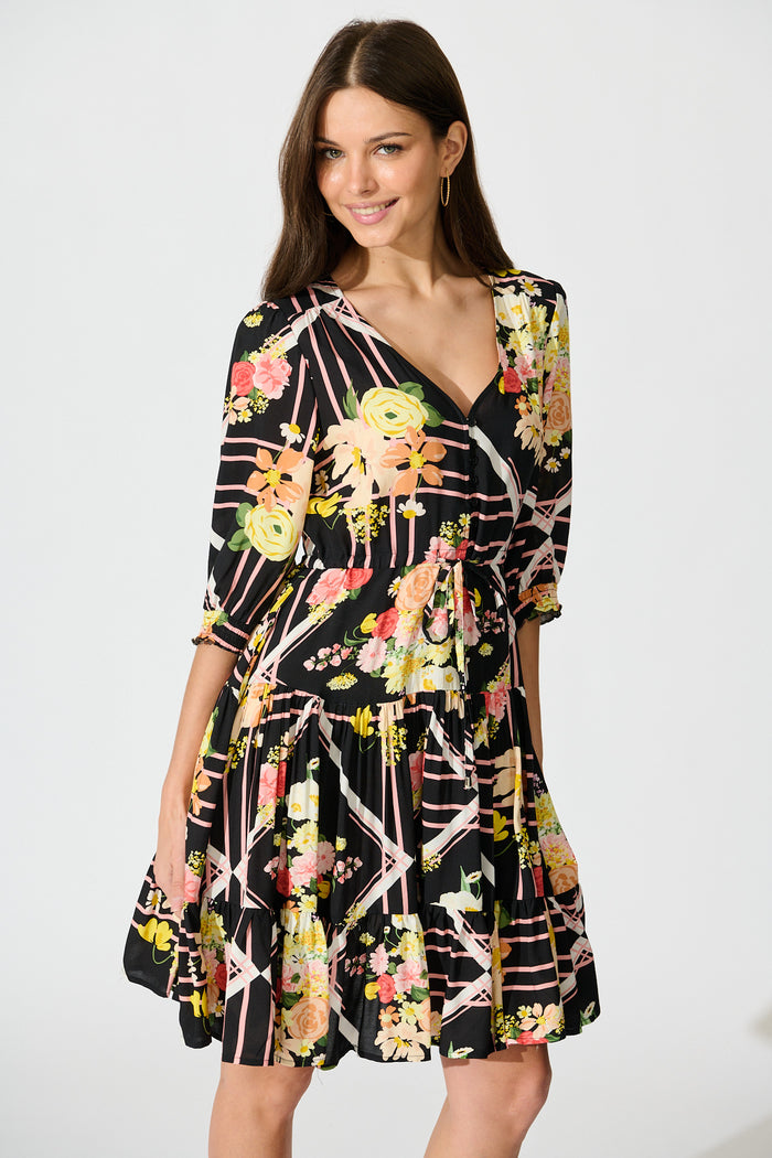 Navianna Dress in Black with Multi Floral front