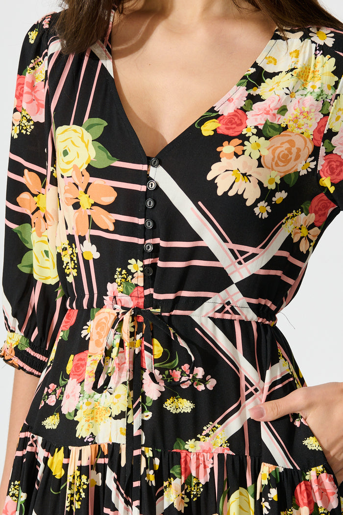 Navianna Dress in Black with Multi Floral detail