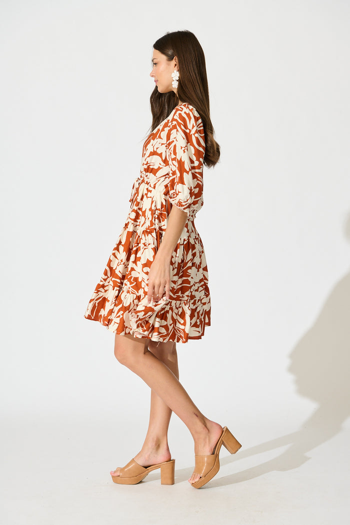 Navianna Dress in White with Brown Floral side