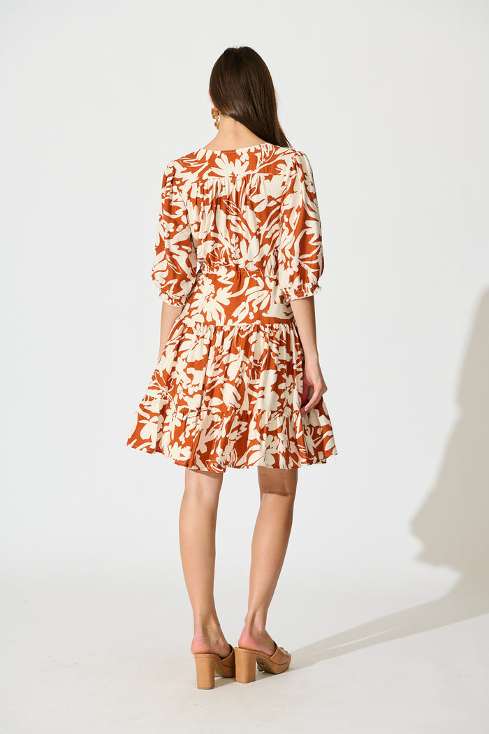 Navianna Dress in White with Brown Floral back