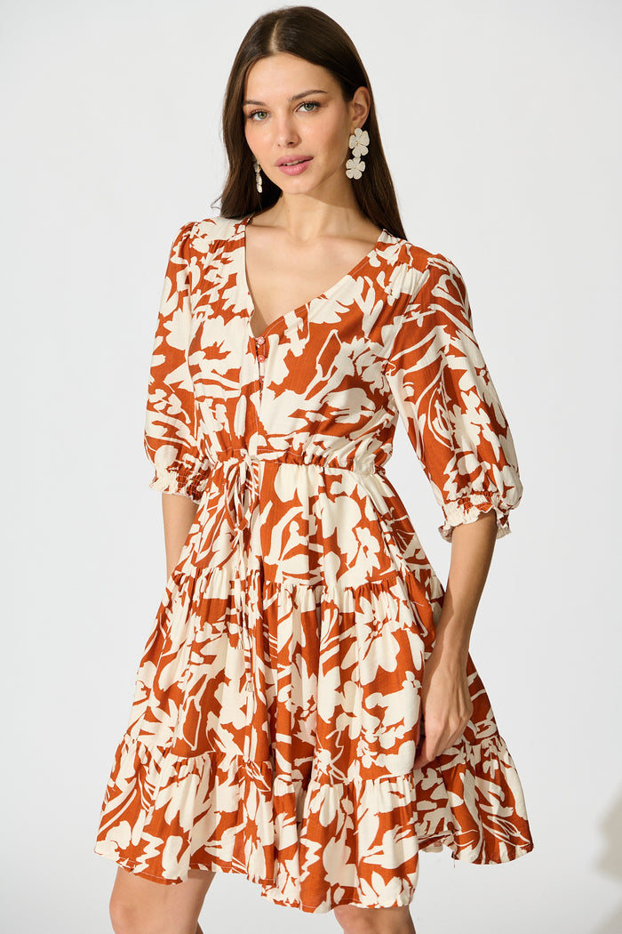 Navianna Dress in White with Brown Floral front