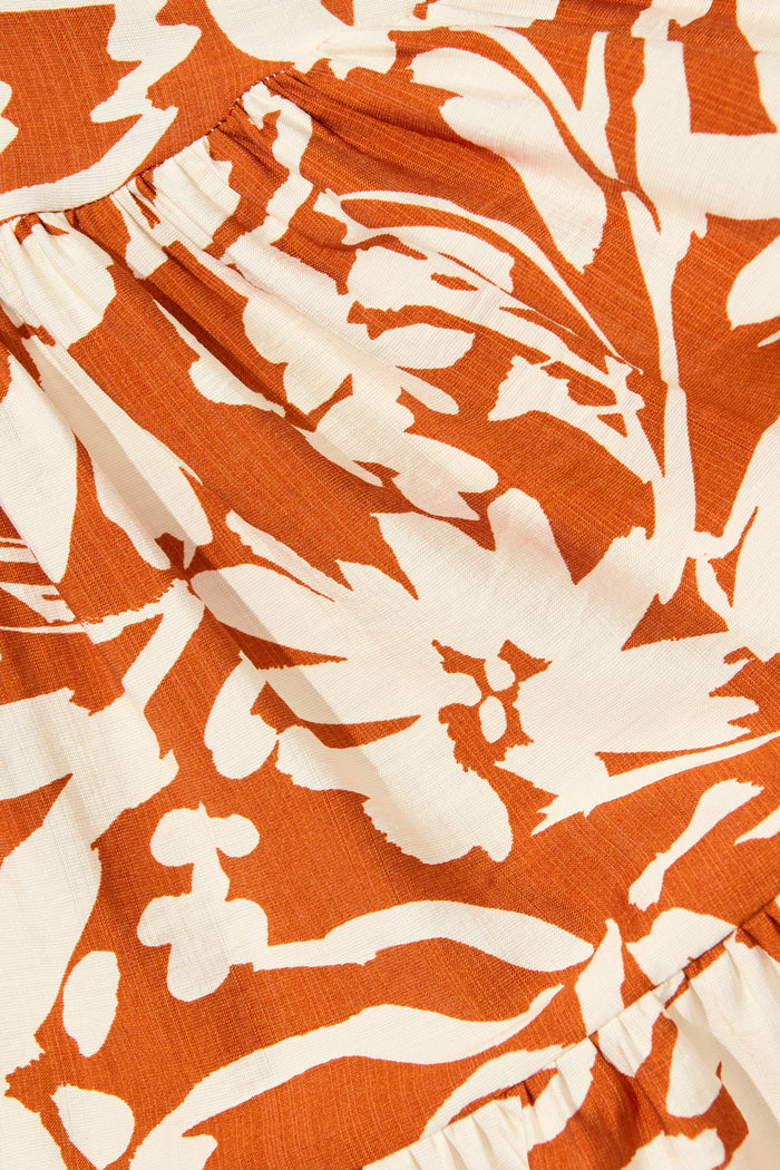 Navianna Dress in White with Brown Floral fabric
