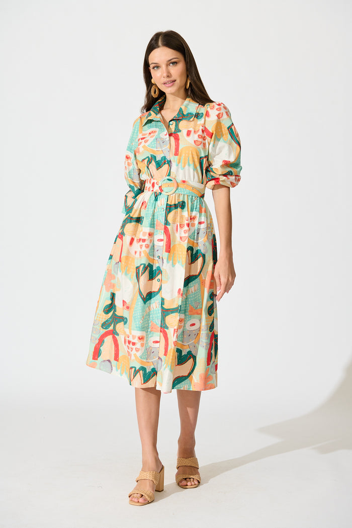 Wanita Midi Shirt Dress in Green Multi Abstract Print Cotton full length