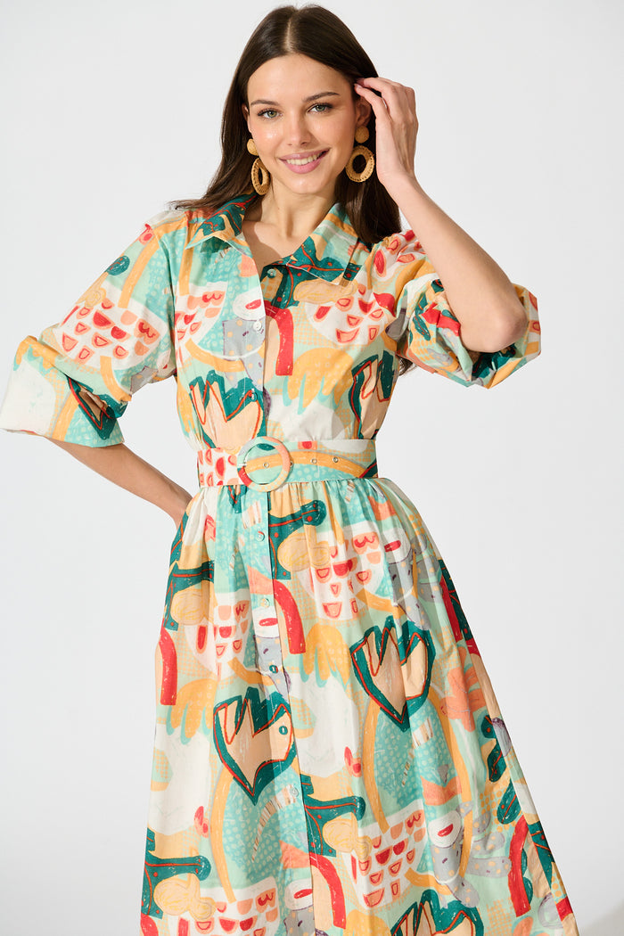 Wanita Midi Shirt Dress in Green Multi Abstract Print Cotton front