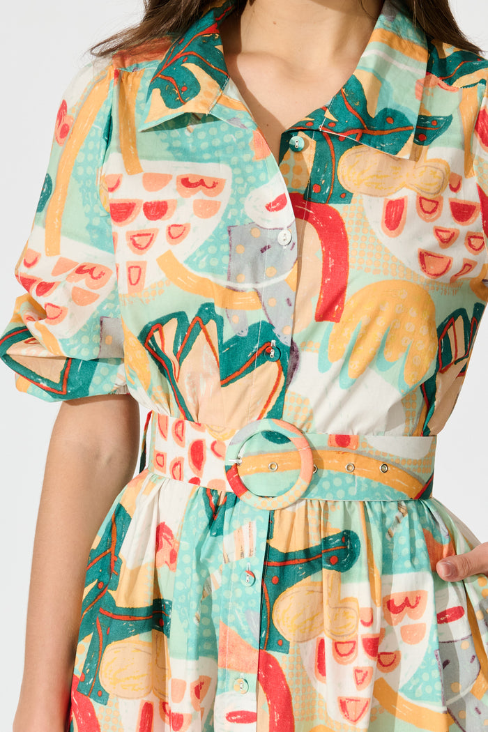 Wanita Midi Shirt Dress in Green Multi Abstract Print Cotton detail