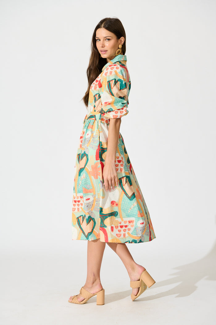 Wanita Midi Shirt Dress in Green Multi Abstract Print Cotton