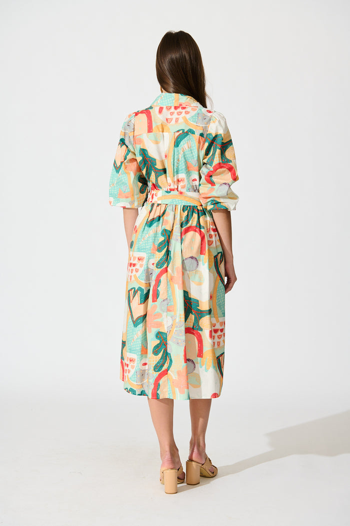 Wanita Midi Shirt Dress in Green Multi Abstract Print Cotton back