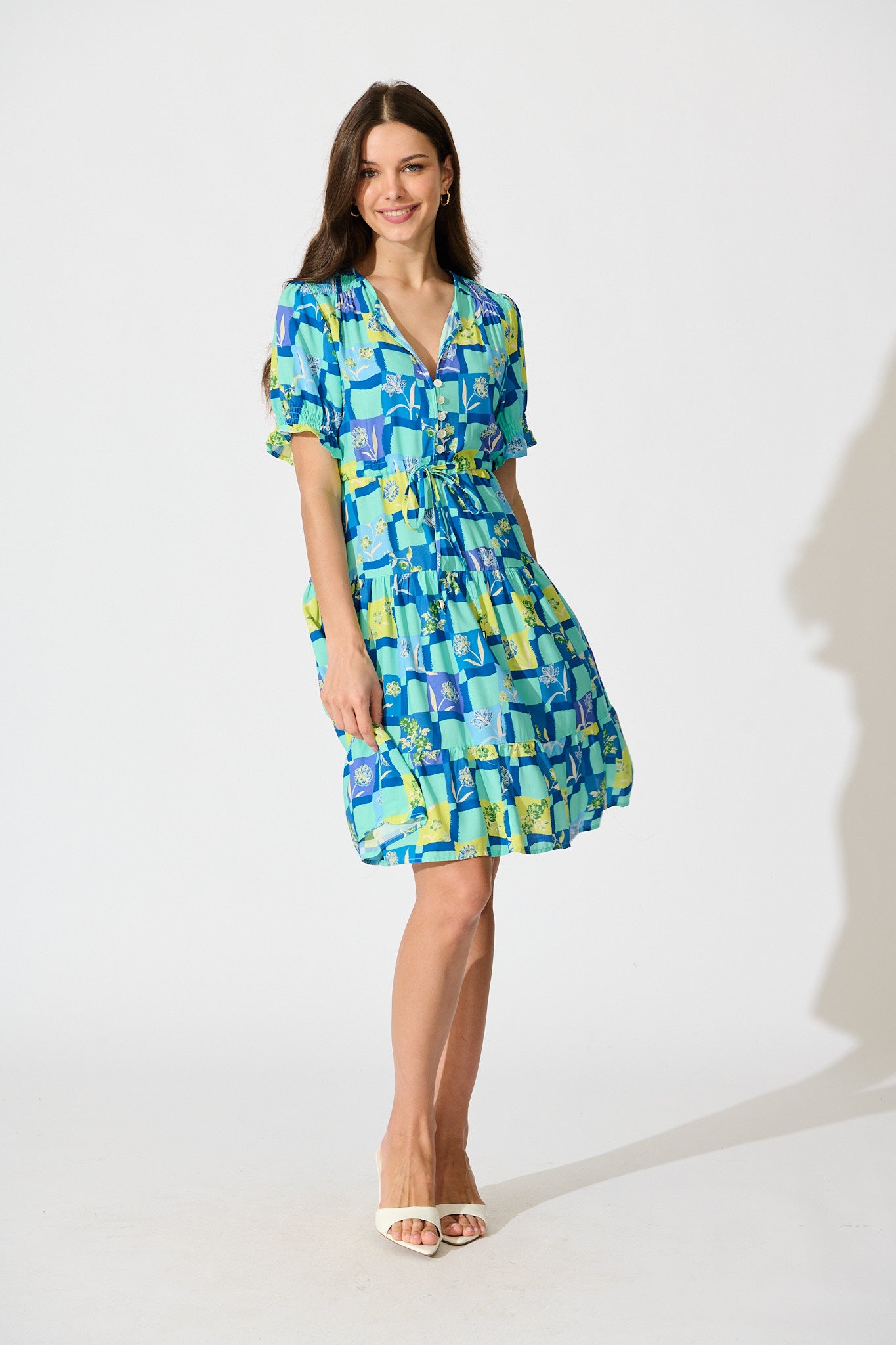 Aura Dress in Multi Blue Tile Print full length