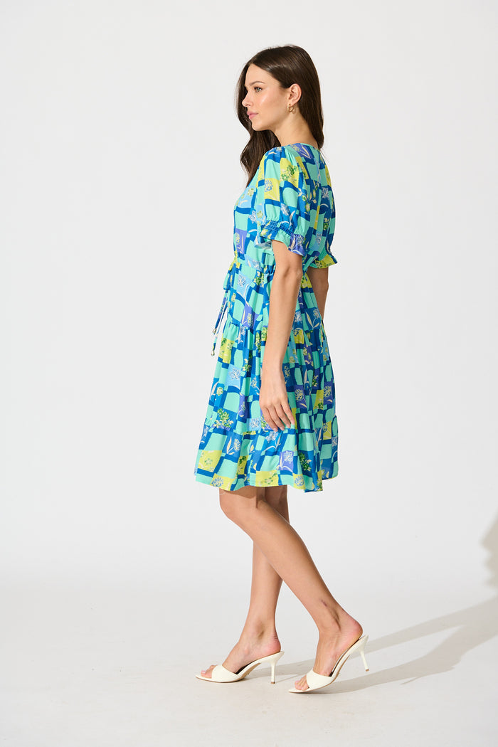 Aura Dress in Multi Blue Tile Print side