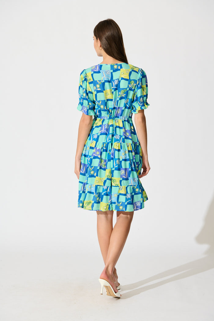 Aura Dress in Multi Blue Tile Print back