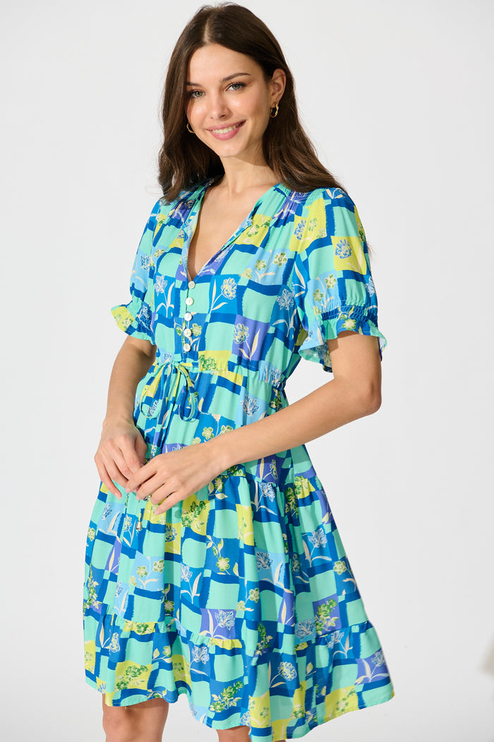 Aura Dress in Multi Blue Tile Print front