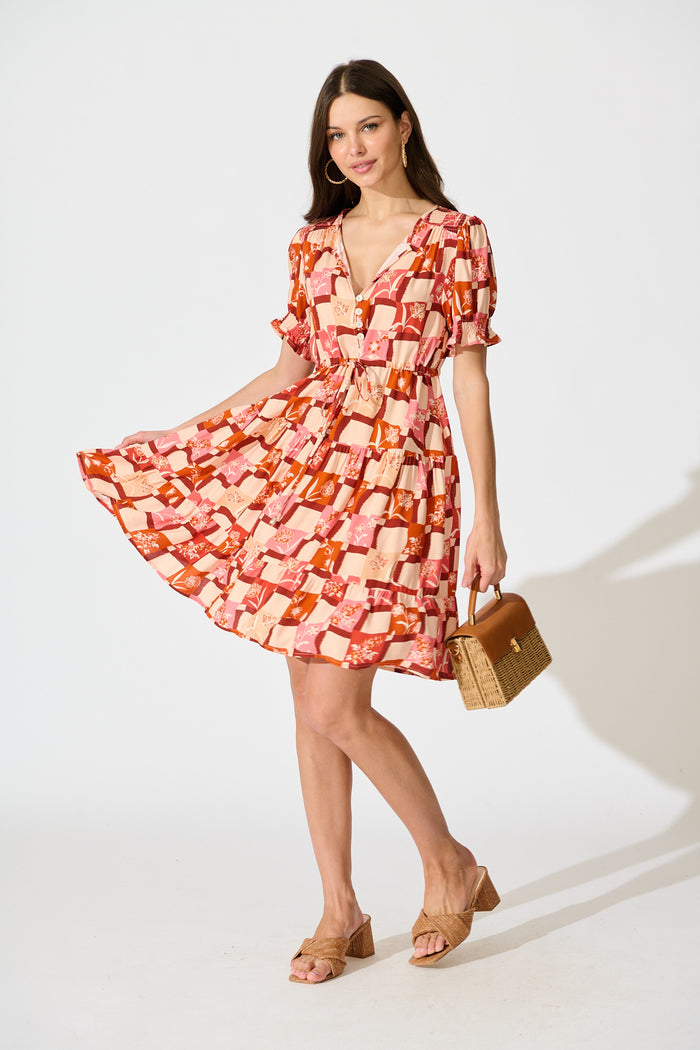 Aura Dress in Red Tile Print full length