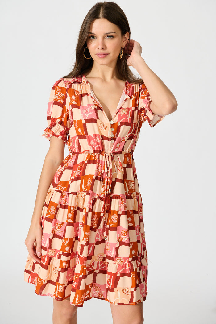 Aura Dress in Red Tile Print front