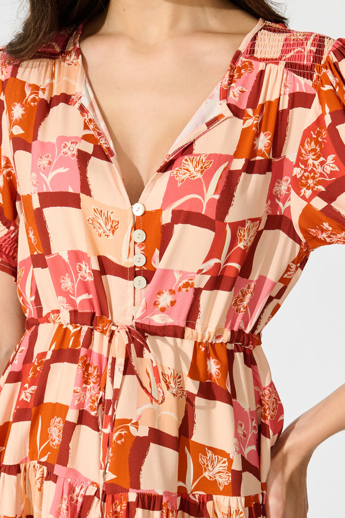 Aura Dress in Red Tile Print detail