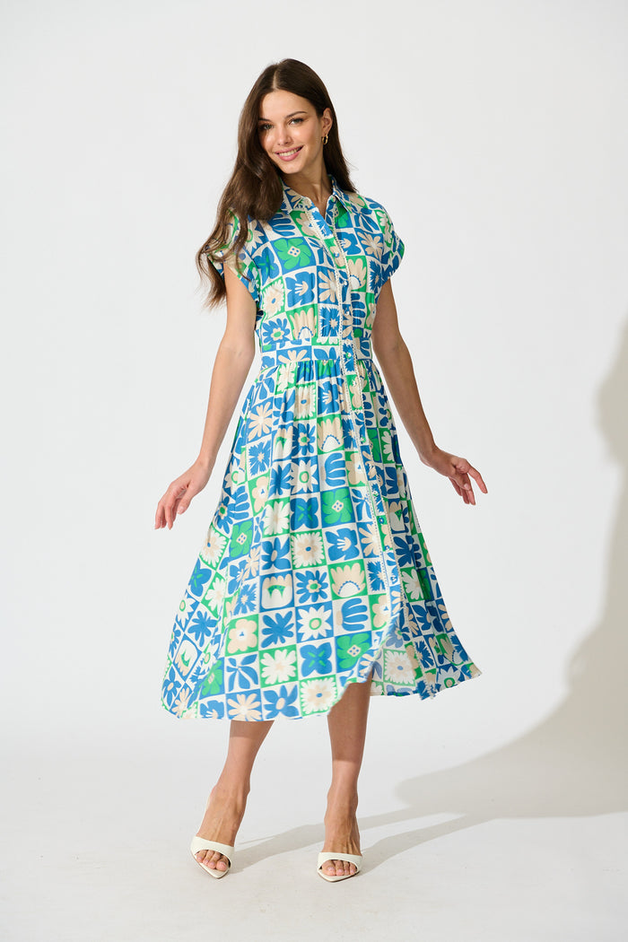 Lassie Midi Shirt Dress in Blue with White Patchwork Floral full length