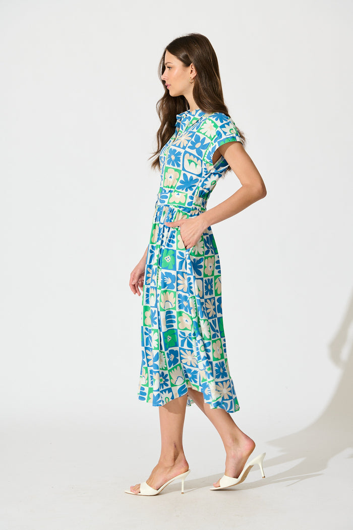 Lassie Midi Shirt Dress in Blue with White Patchwork Floral side