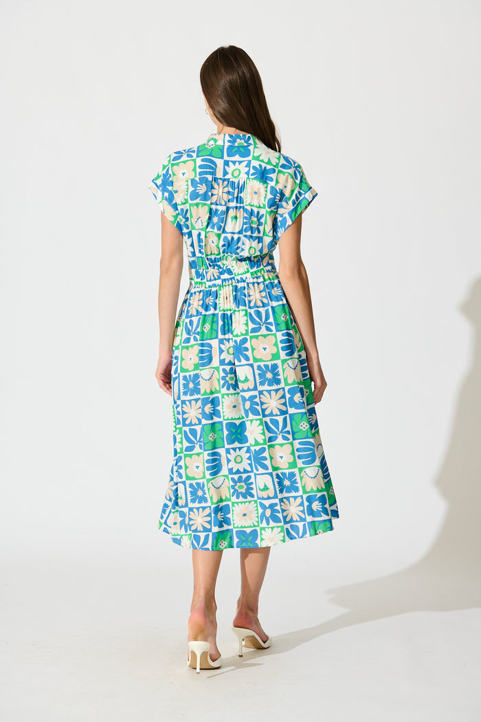 Lassie Midi Shirt Dress in Blue with White Patchwork Floral back