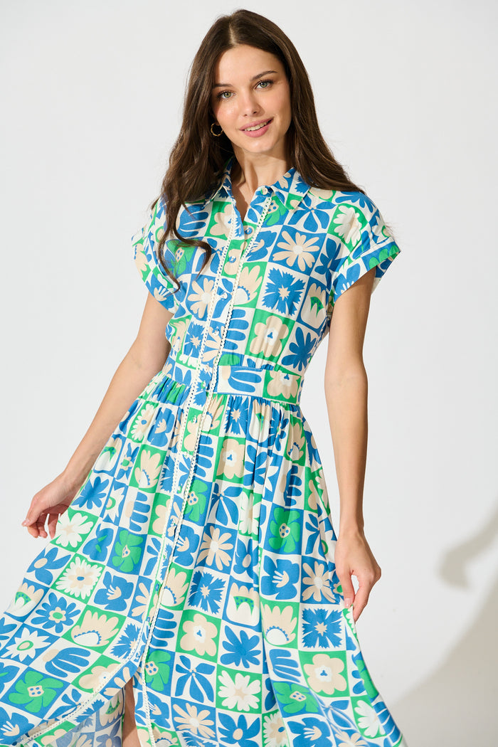 Lassie Midi Shirt Dress in Blue with White Patchwork Floral front