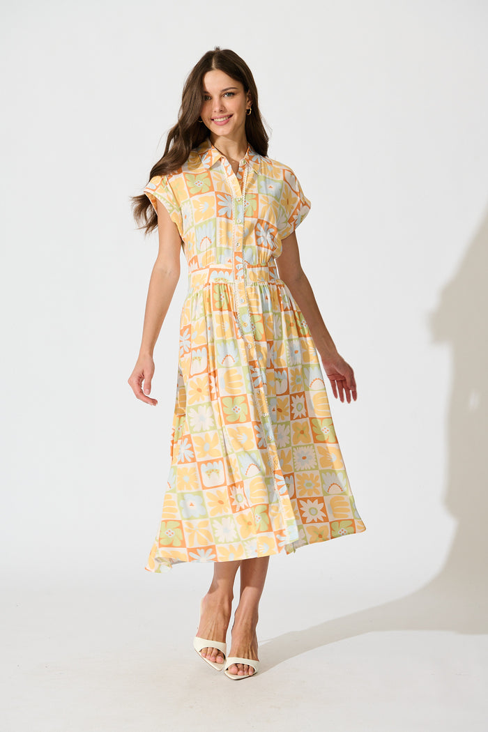 Lassie Midi Shirt Dress in Sage with Rust Patchwork Floral full length