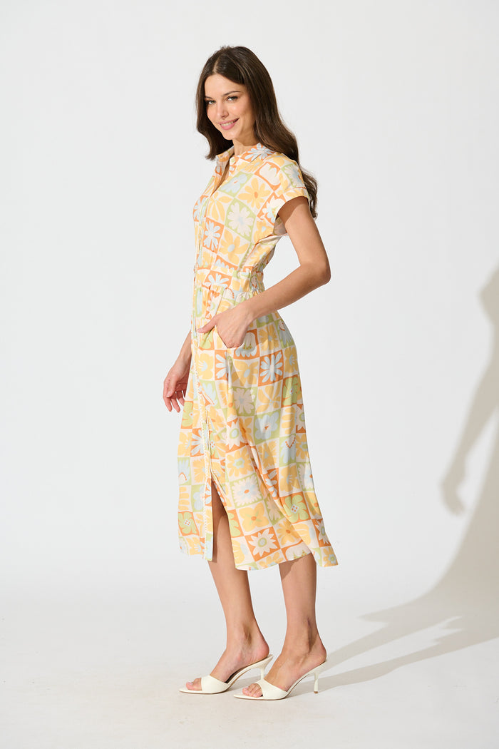 Lassie Midi Shirt Dress in Sage with Rust Patchwork Floral side