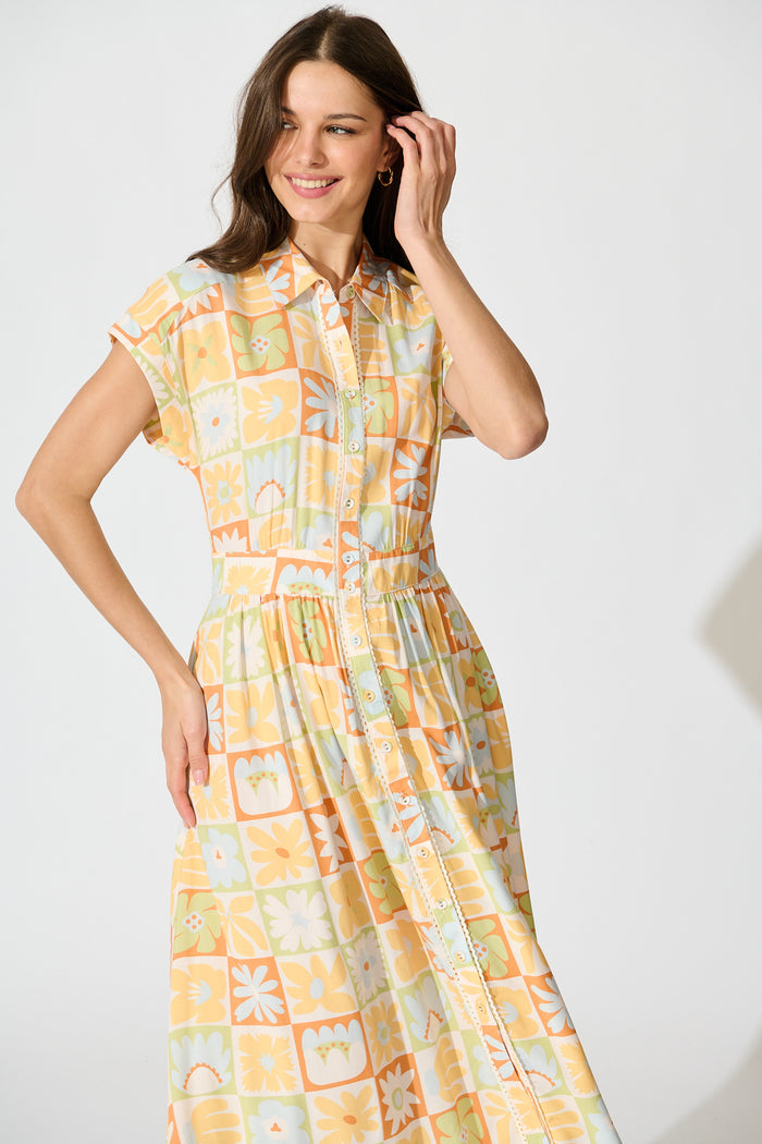Lassie Midi Shirt Dress in Sage with Rust Patchwork Floral front
