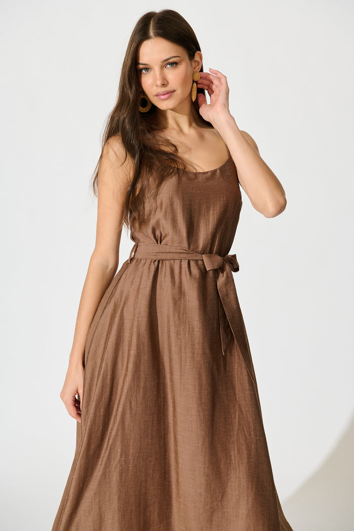 Silla Midi Dress in Brown Linen Blend front