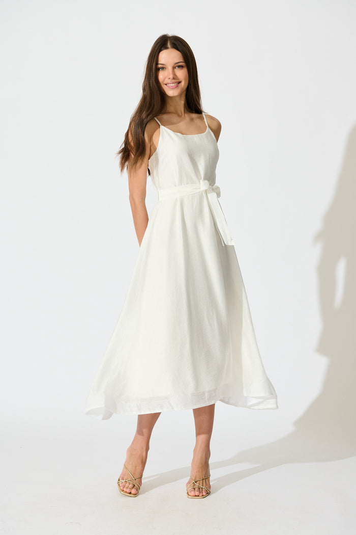 Silla Midi Dress in White Linen Blend full length