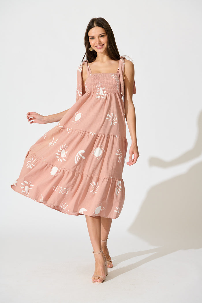 Alexea Midi Sundress in Pink with White Print Cotton full length