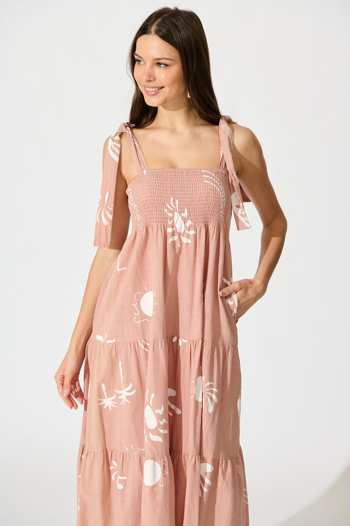 Alexea Midi Sundress in Pink with White Print Cotton front