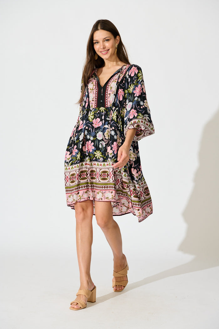 long sleeve floral smock dress Otra Smock Dress in Black Multi Floral Print