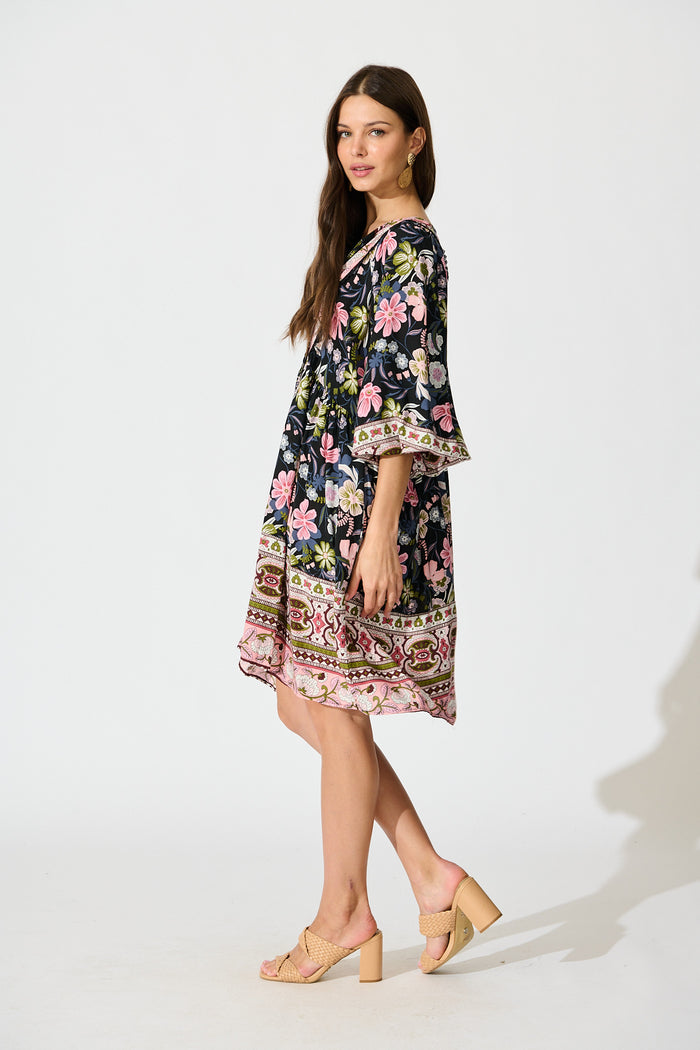 Otra Smock Dress in Black Multi Floral Print side