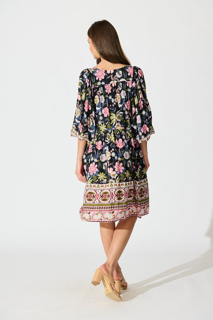 Otra Smock Dress in Black Multi Floral Print back