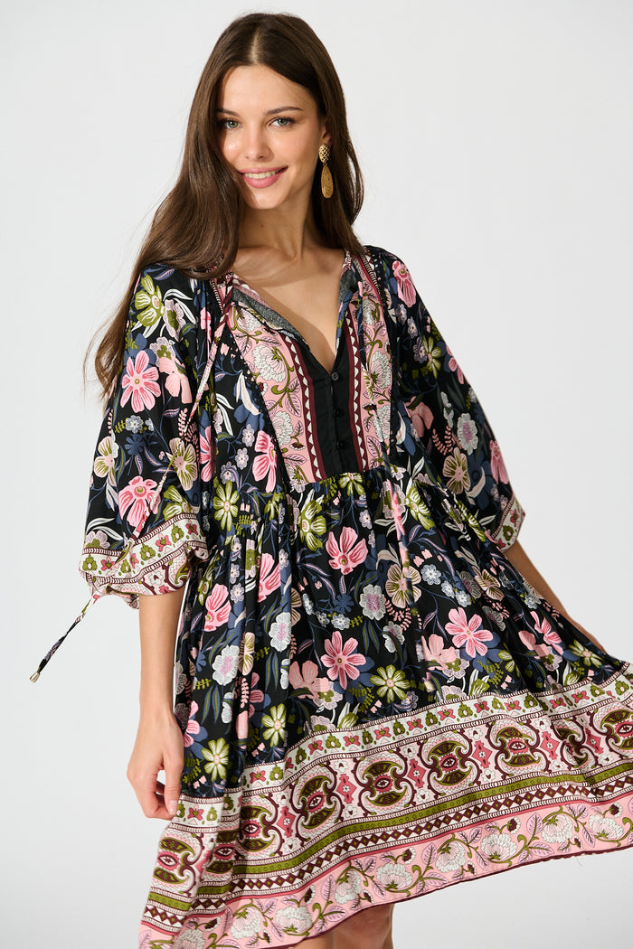 Otra Smock Dress in Black Multi Floral Print front