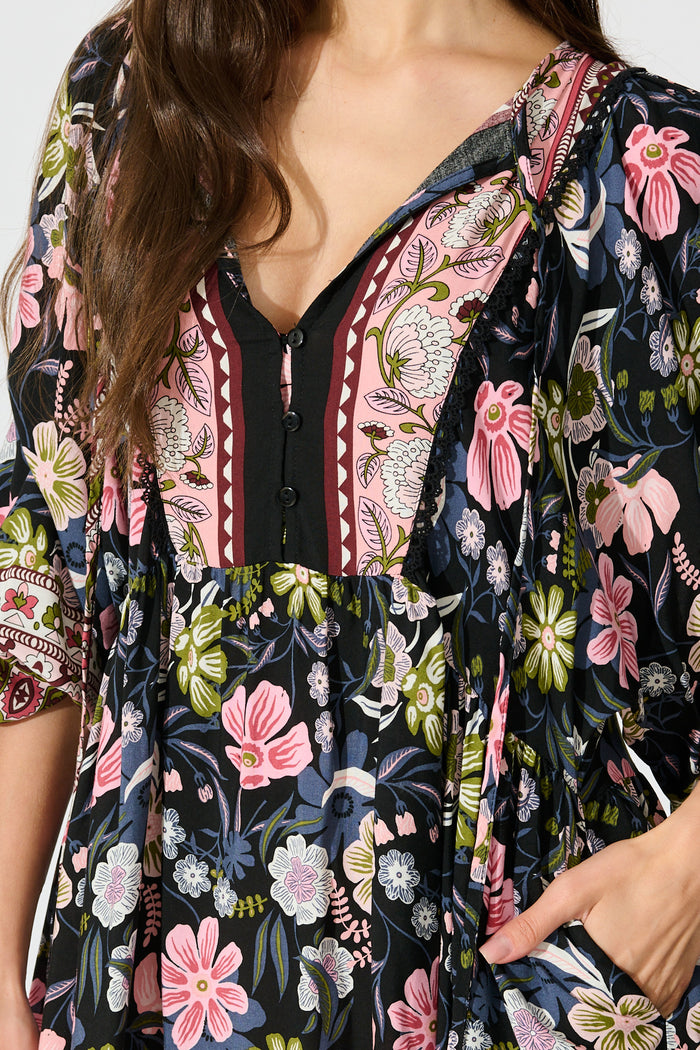 Otra Smock Dress in Black Multi Floral Print detail