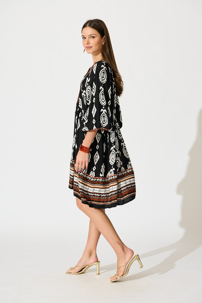 Otra Smock Dress in Black with Multi Boho Print
