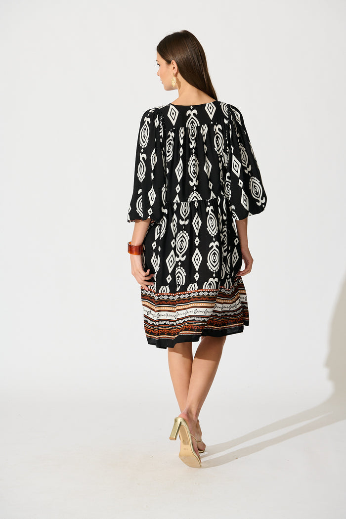Otra Smock Dress in Black with Multi Boho Print back