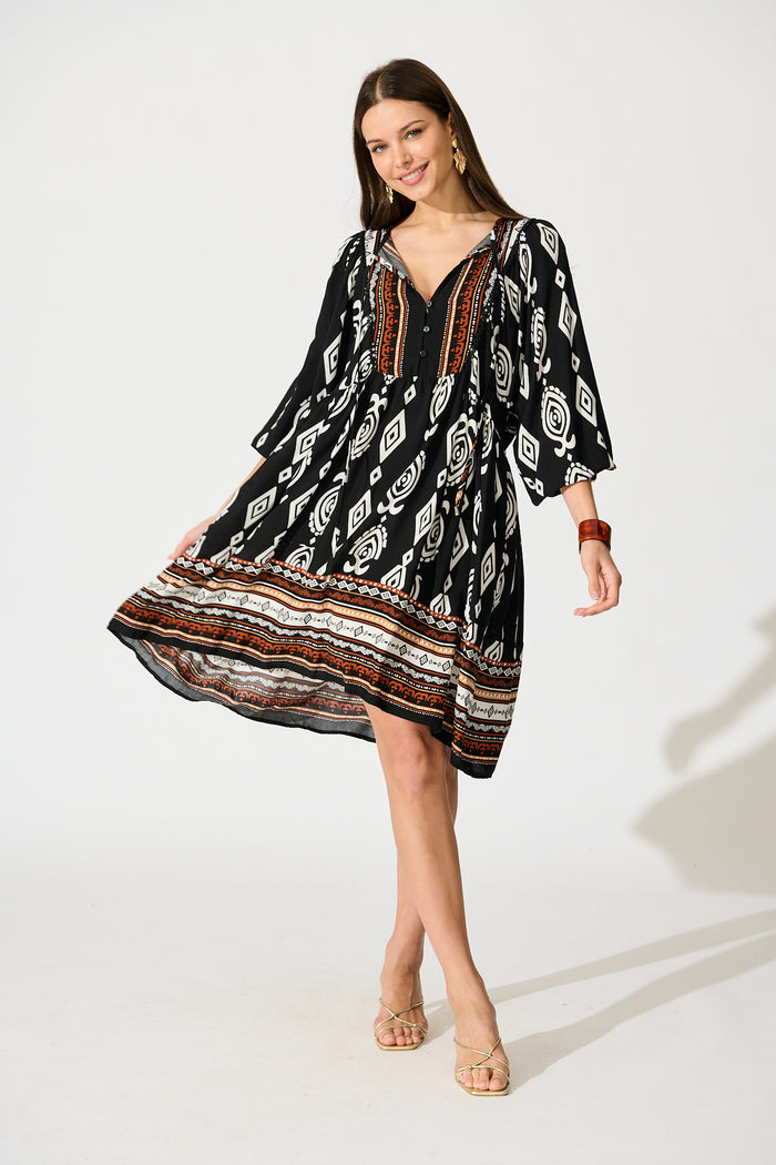 Otra Smock Dress in Black with Multi Boho Print full length