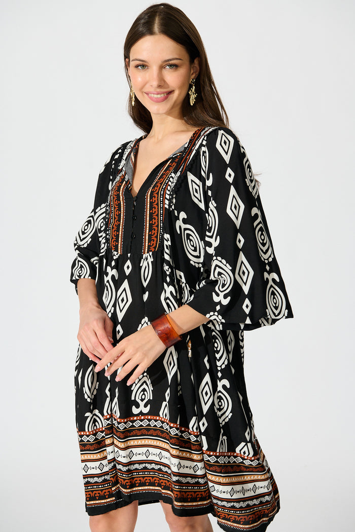 Otra Smock Dress in Black with Multi Boho Print front